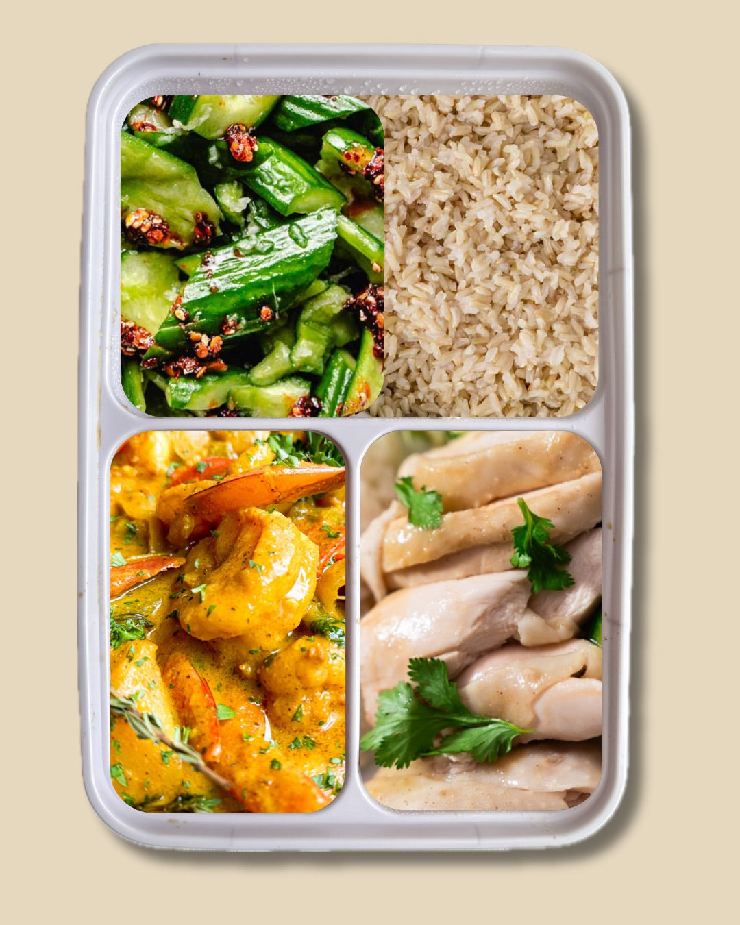 Taste of Singapore: Hainan Chicken, Coconut Shrimp Curry, Cucumber Salad, Brown Rice