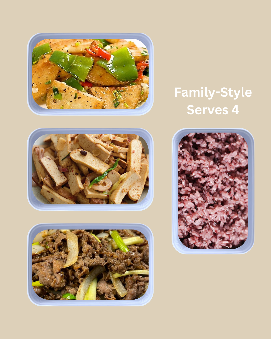 Taste of Inner Mongolia Box: Cumin Beef, Spicy Bean Curd, Potato & Green Bell Pepper, Purple Rice