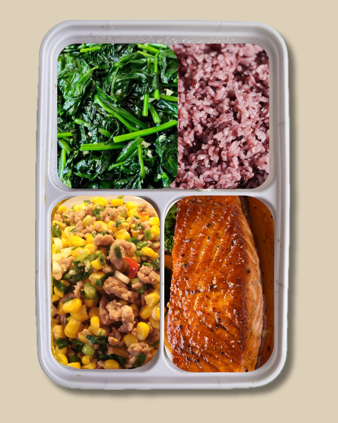 Salmon Summer Box: Teriyaki salmon, corn with ground pork, spinach with garlic