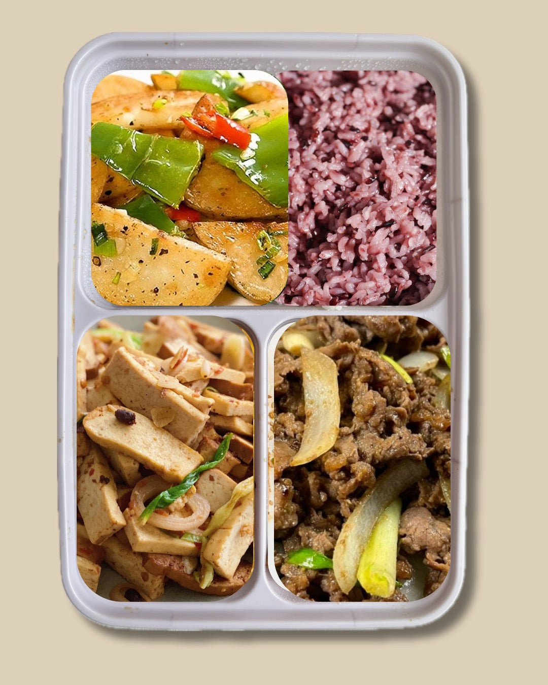 Taste of Inner Mongolia Box: Cumin Beef, Spicy Bean Curd, Potato & Green Bell Pepper, Purple Rice