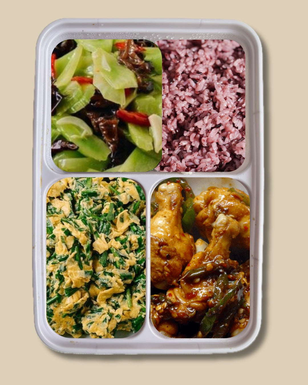Grandma's House Box: Braised Chicken, Egg & Chive, Wo Sun (Celtuce) & Wood Ear Mushroom