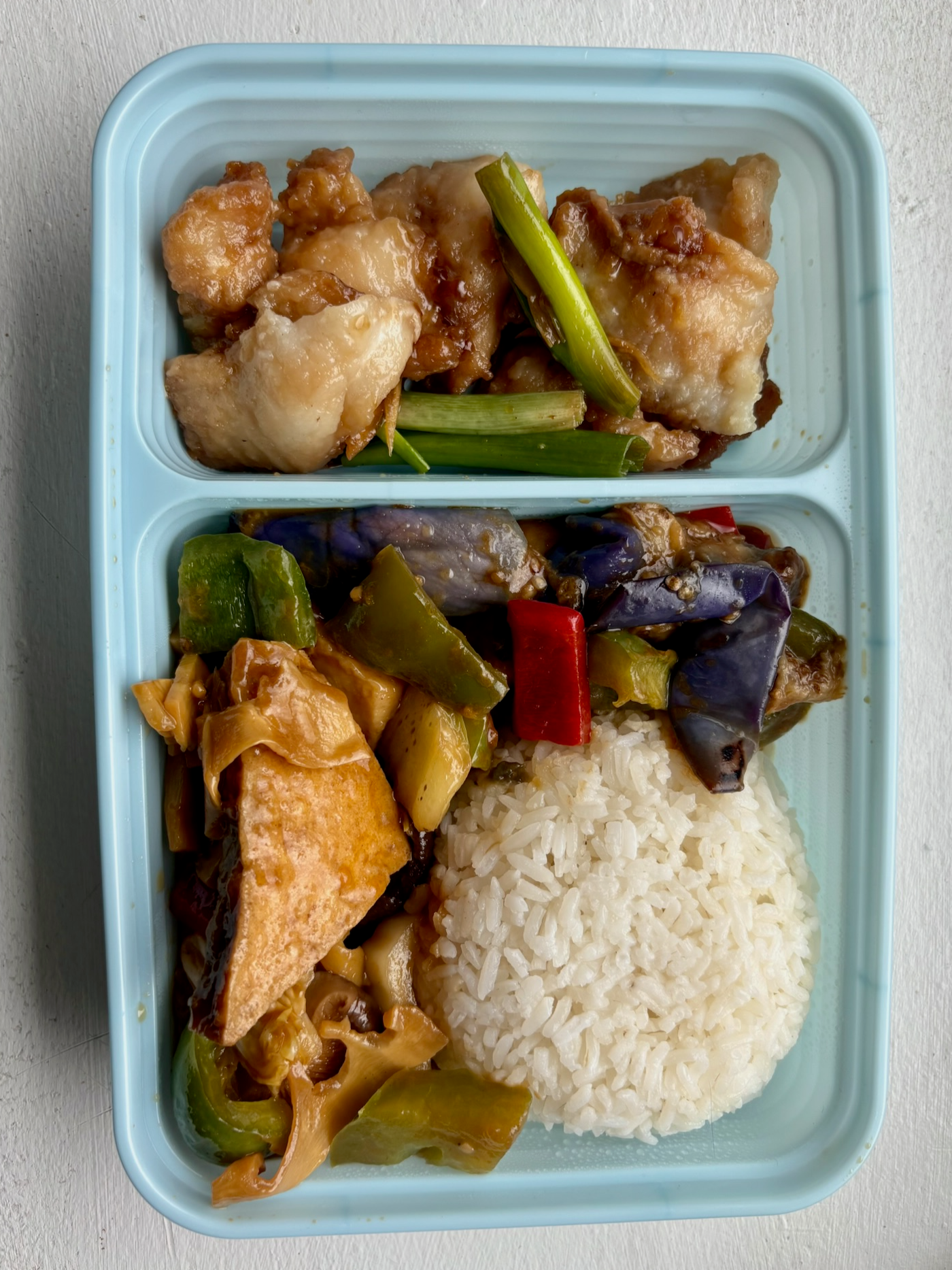 Combo #2 Ginger steamed fish, homestyle tofu, vegetable delight