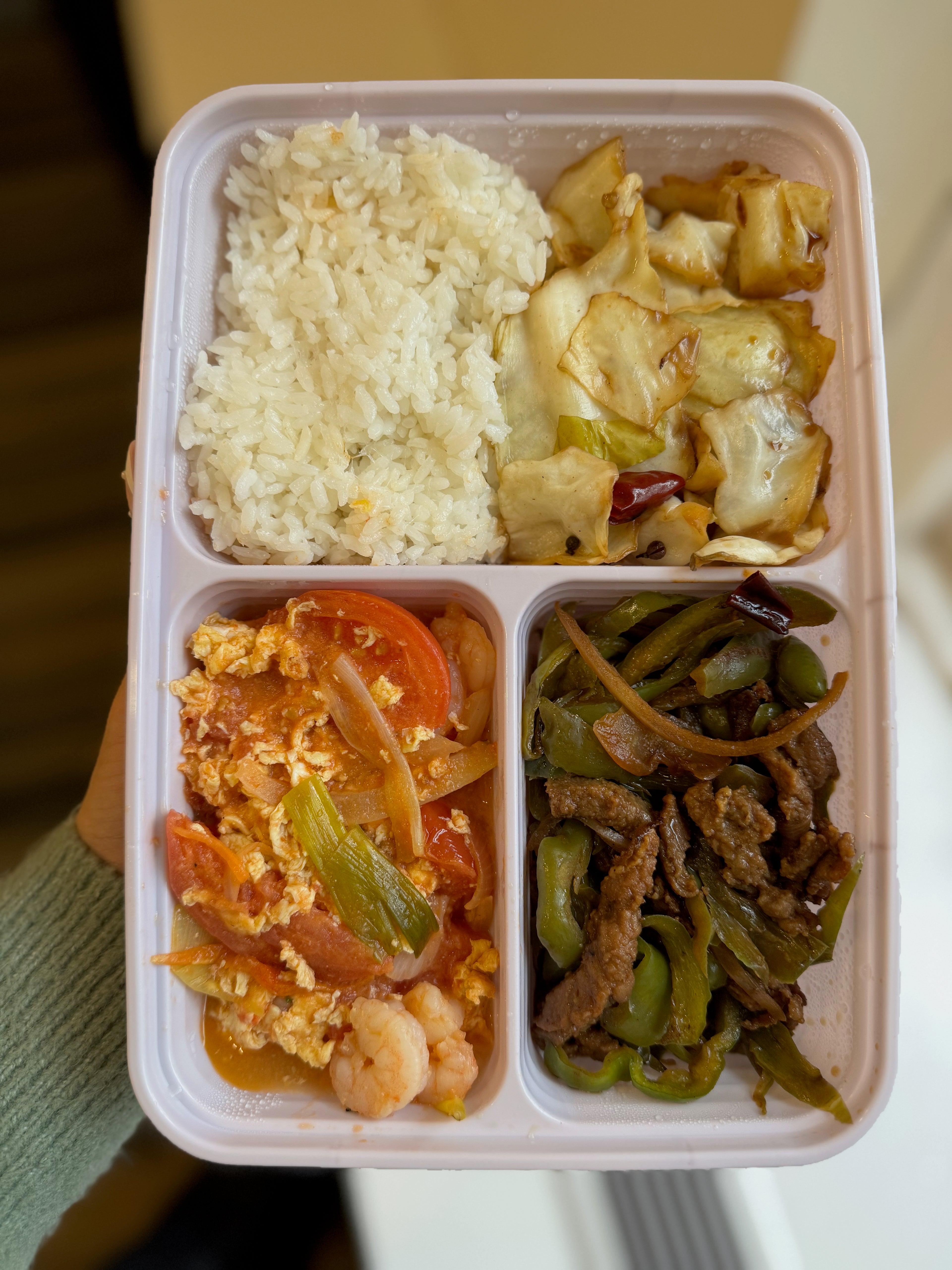 Combo #1: Beef with Longhorn Peppers, Scrambled Egg with Tomato and Shrimp, Stir-fried Cabbage