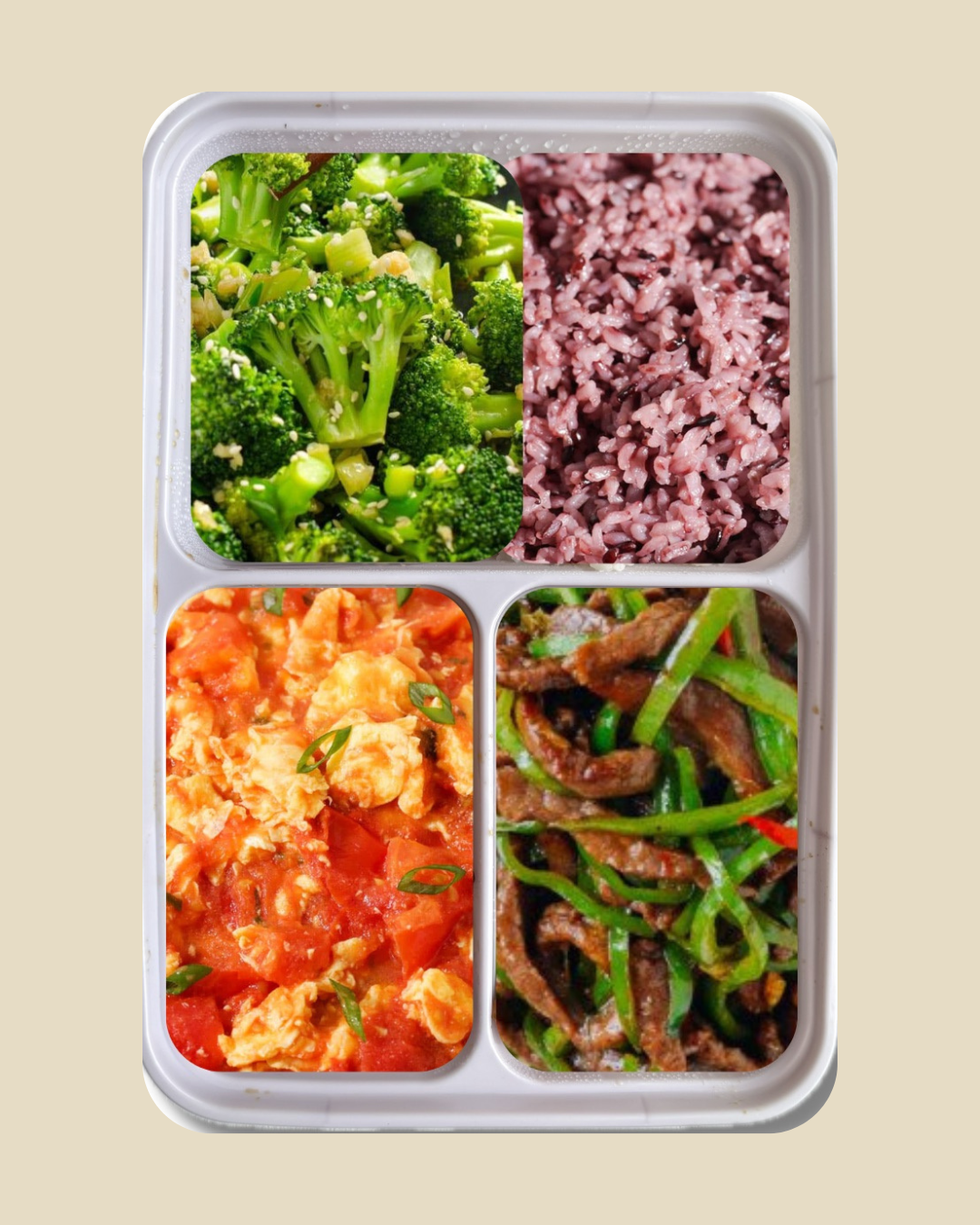 Combo #1: Beef with long-horn peppers, tomato egg, broccoli with garlic