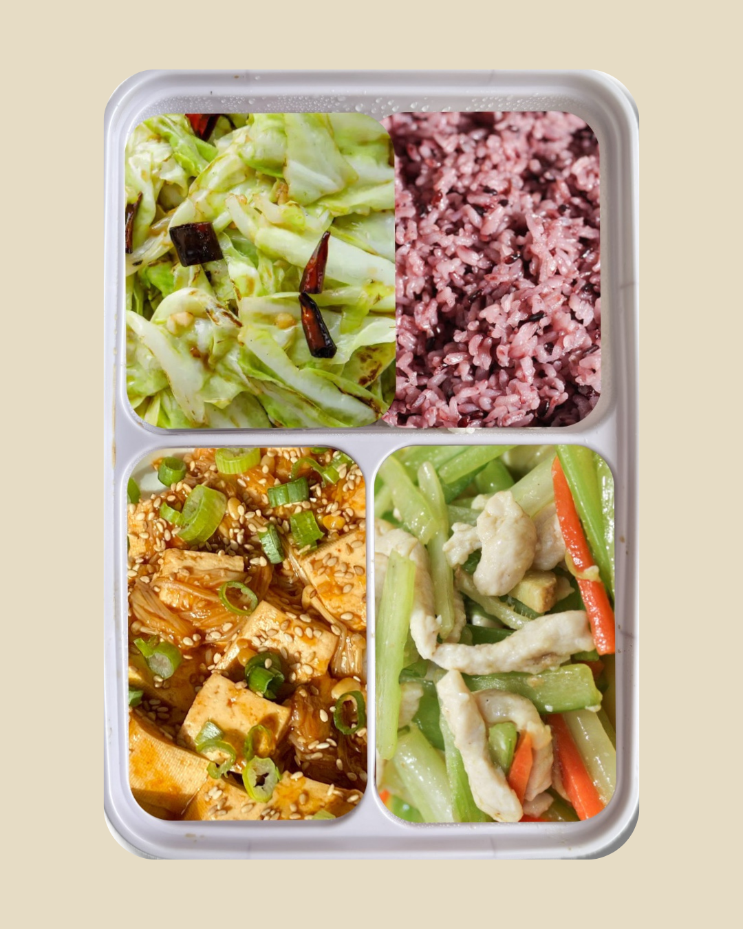 Combo #2: Chicken stir-fry, tofu with enoki, stir-fried cabbage